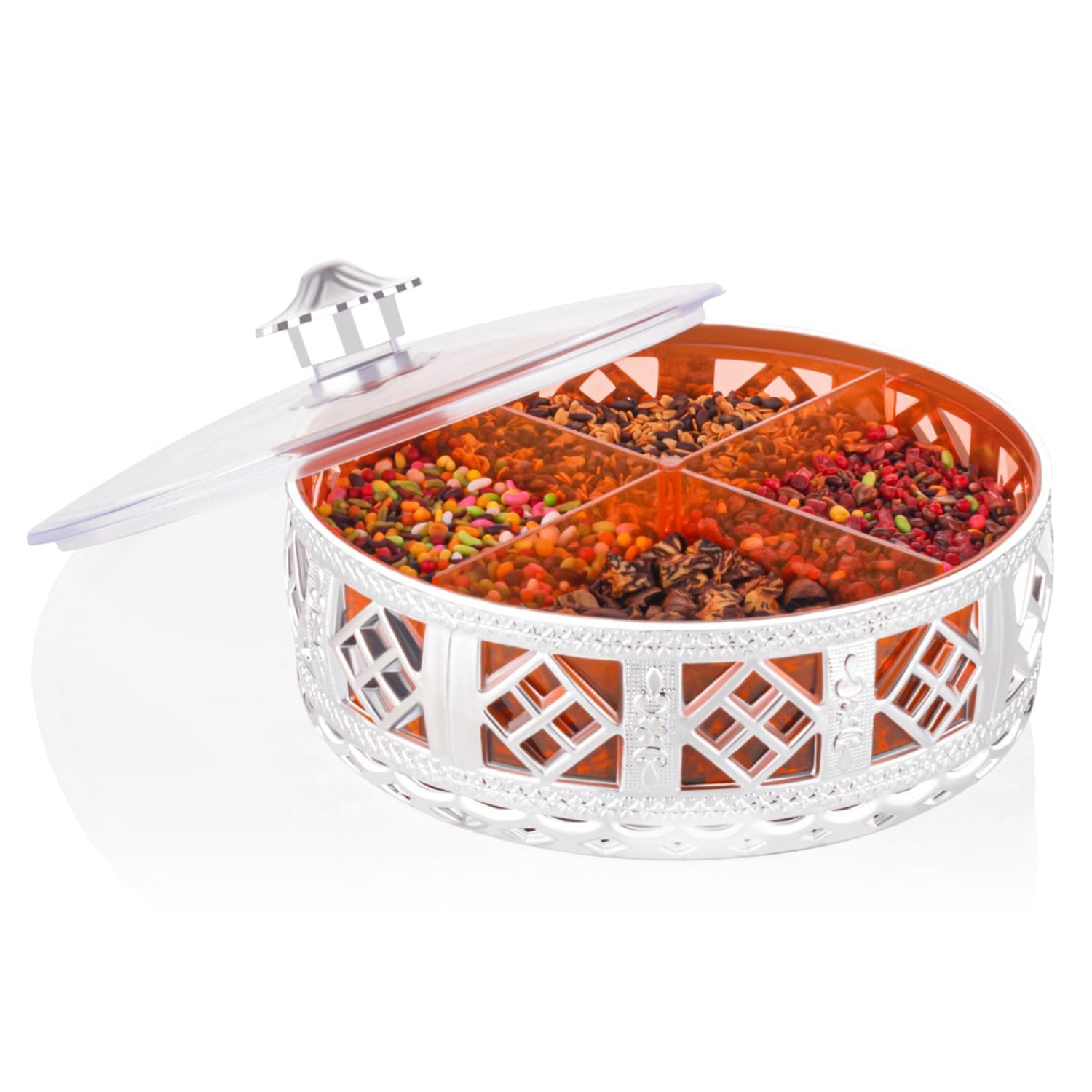 Decorative 4-Section Dry Fruit Box with Silver Finish Decorative 4-Section Dry Fruit Box with Silver Finish